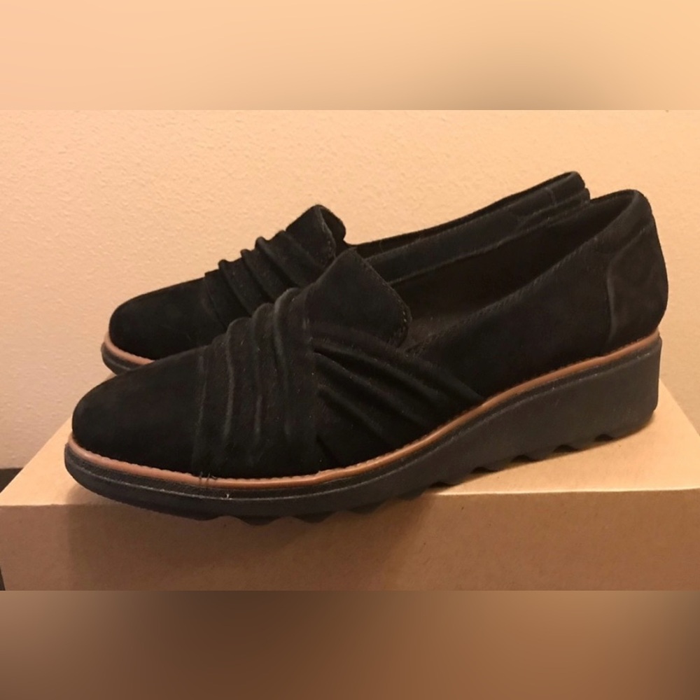 Clarks Black “Sharon” Suede Loafers